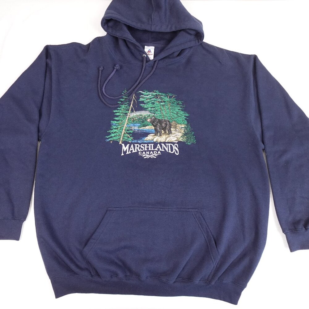 Vintage MARSHLANDS CANADA Embroidered Black Bear Hoodie Adult XL Sweatshirt Y2K